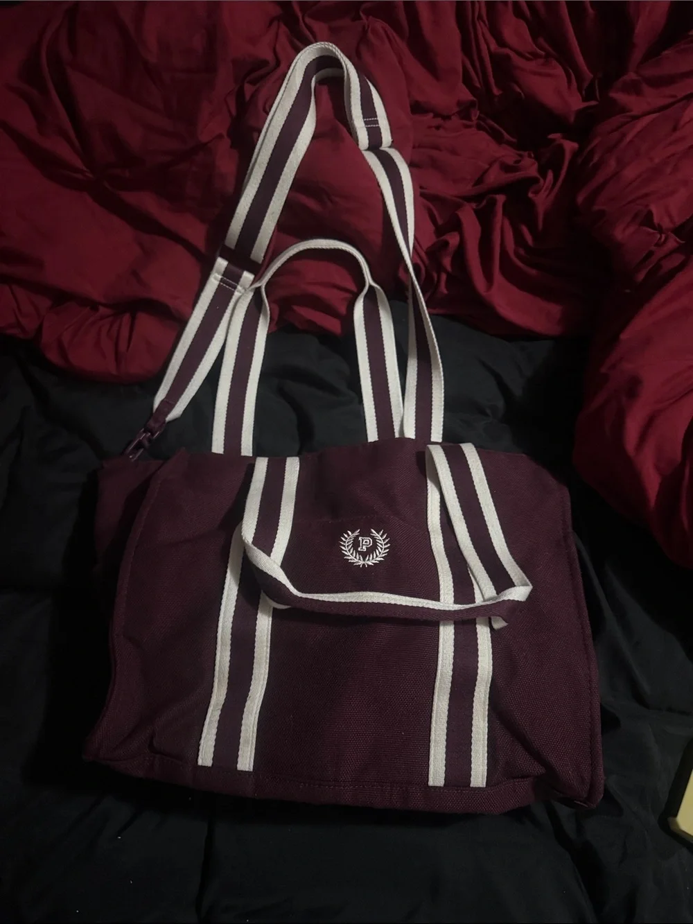 PINK Victoria's Secret Maroon and White Striped Tote